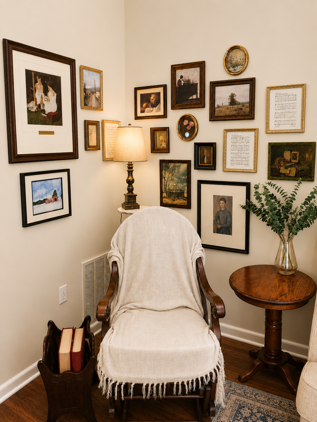 Cozy reading corner with a rocking chair draped in a cream throw, surrounded by a floor-to-ceiling gallery wall of framed artwork and vintage prints