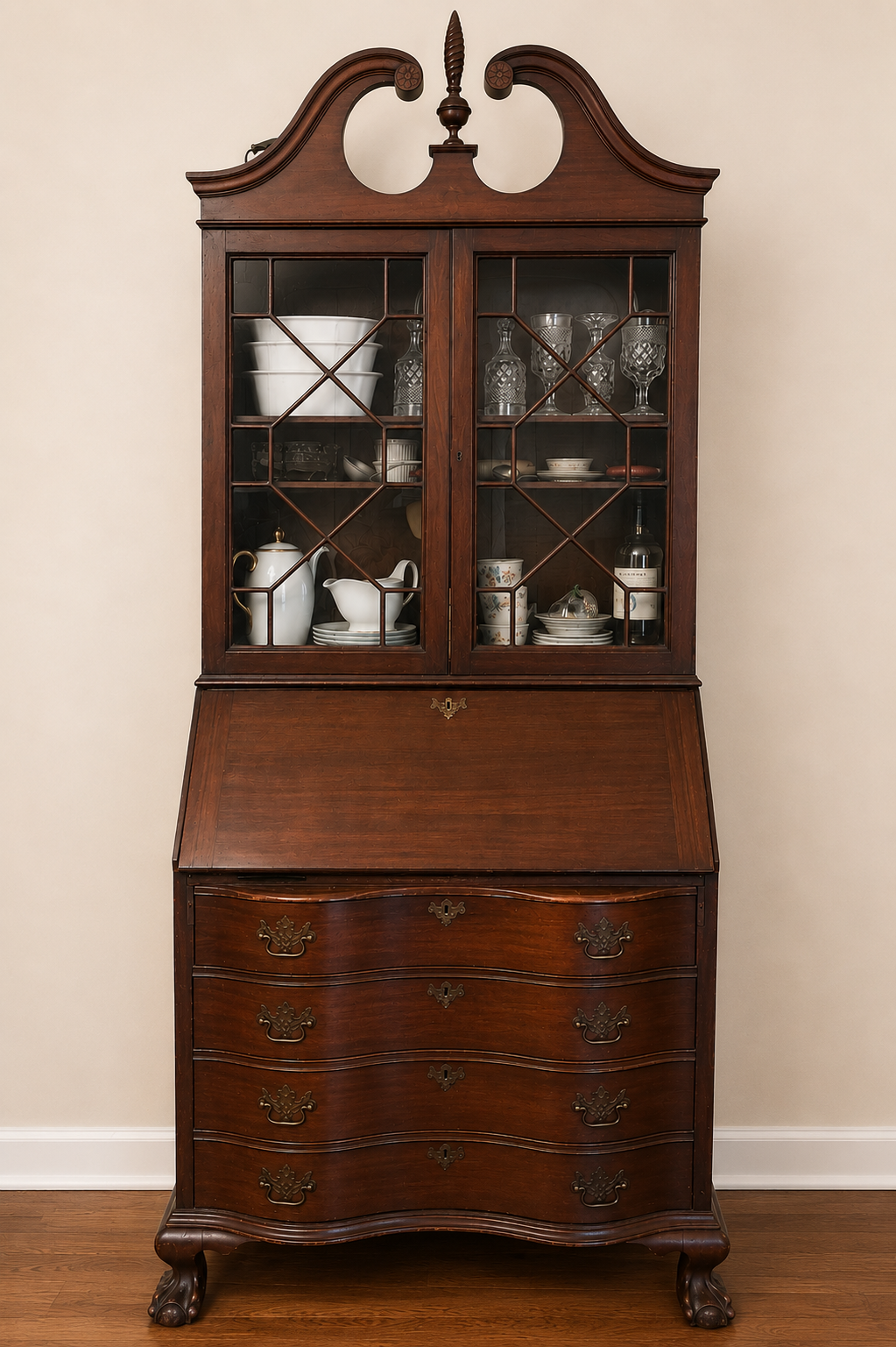 Stunning antique mahogany secretary desk with glass-door china cabinet top displaying crystal stemware and white china
