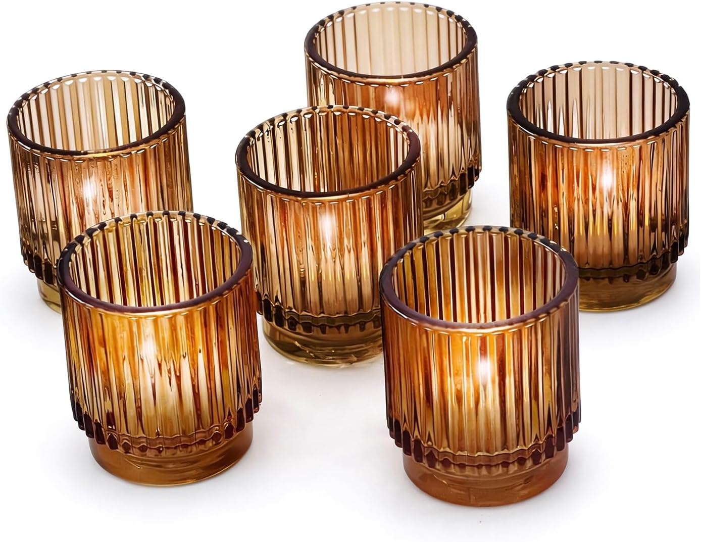 Amber Ribbed Glass Votive Holders — Set of 6