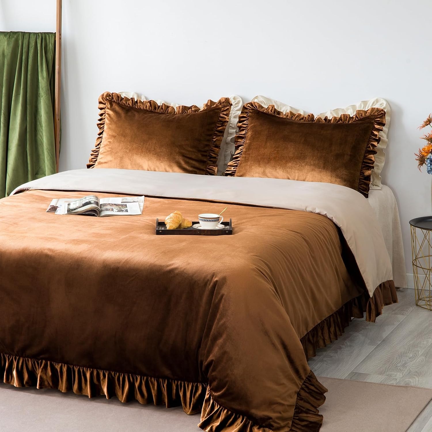 Caramel Velvet Ruffle Duvet Cover Set