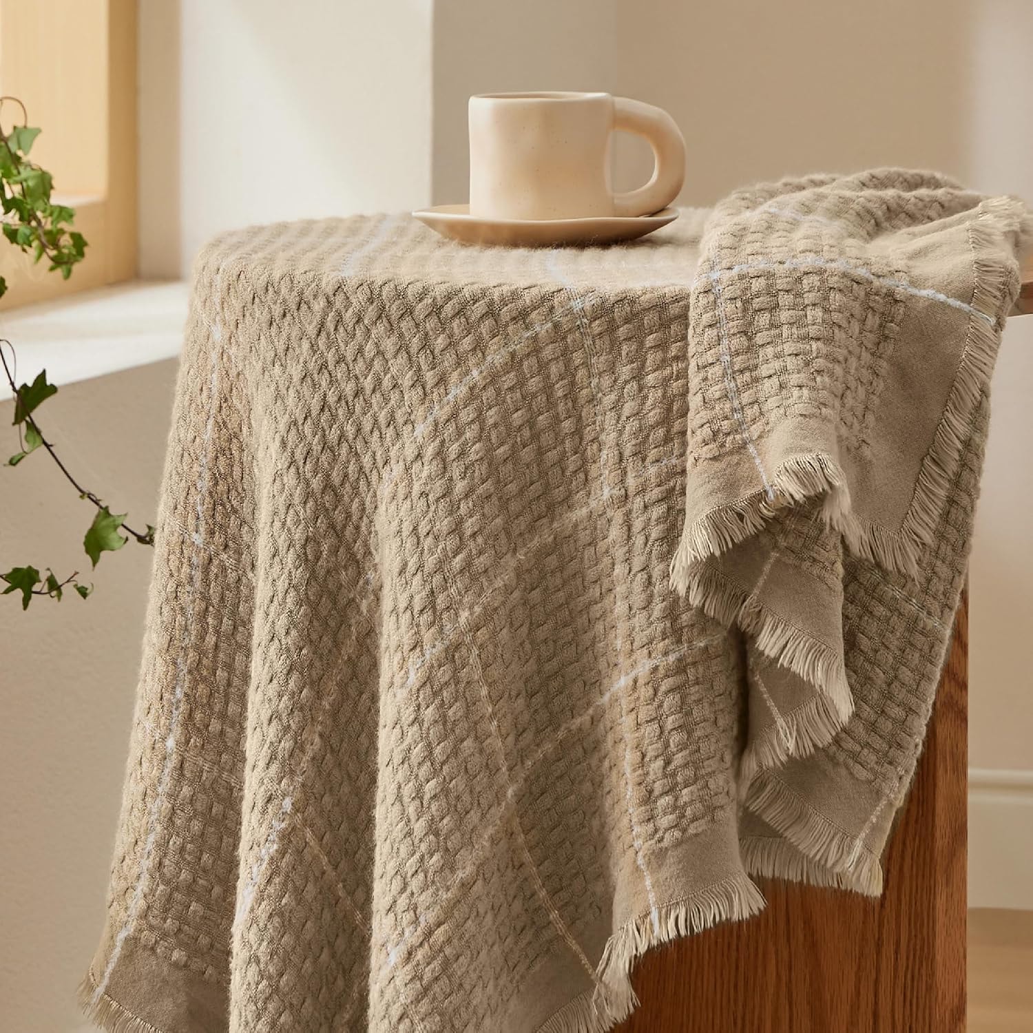 Cream Waffle-Knit Throw Blanket with Fringe