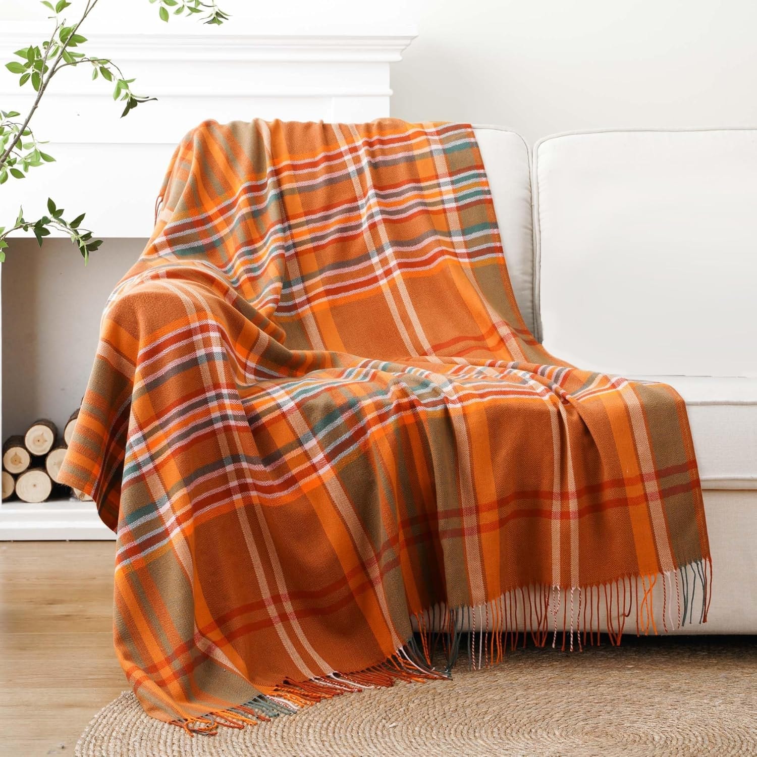 Orange Plaid Throw Blanket
